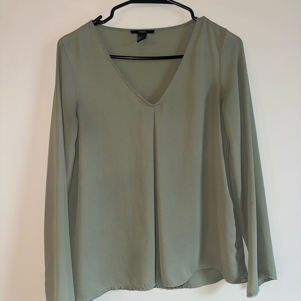 Forever 21 V-Neck Long Sleeve Blouse - Sage Green